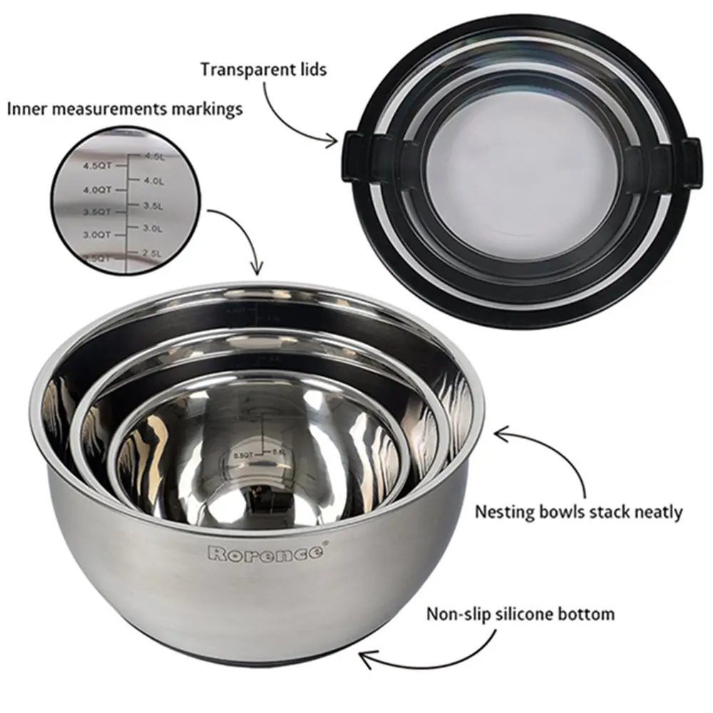 OEM Stainless Steel Mixing Bowl Set with Transparent Lids - 3-Piece Set with 1.5, 3, 5QT Suppliers, Product