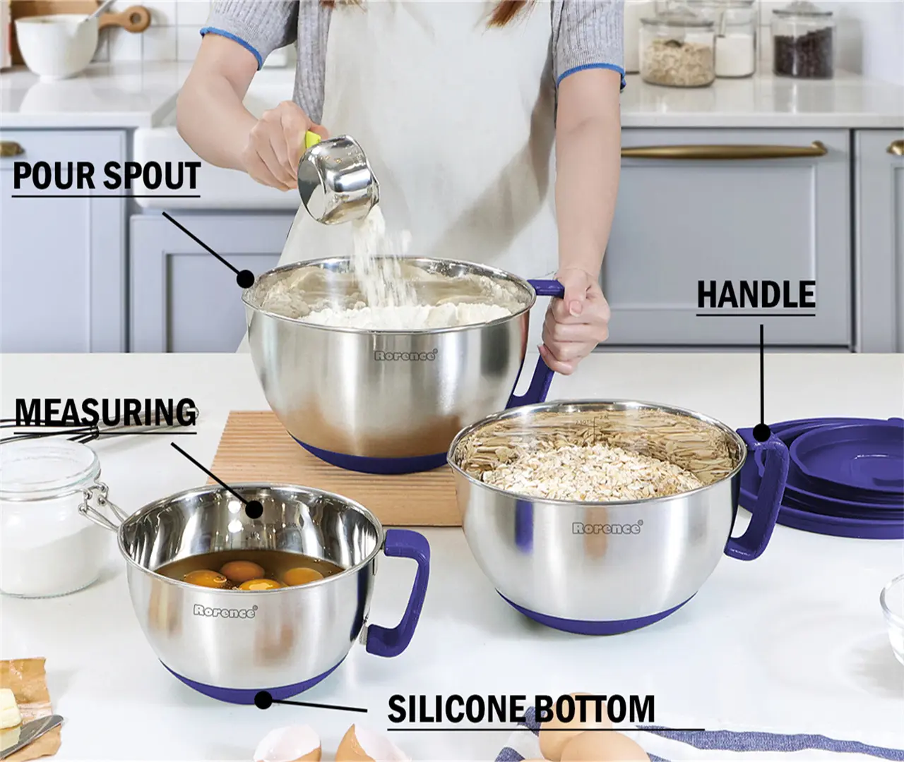 Stainless steel mixing bowls with handles