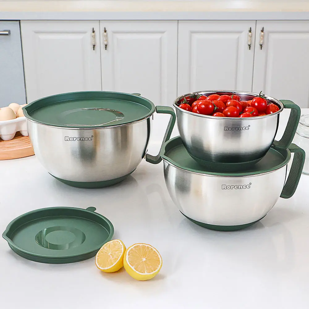 OEM Rorence Stainless Steel Non Slip Mixing Bowls with Pour Spout Handle Lid Set of 3 Manufacturer, Suppliers