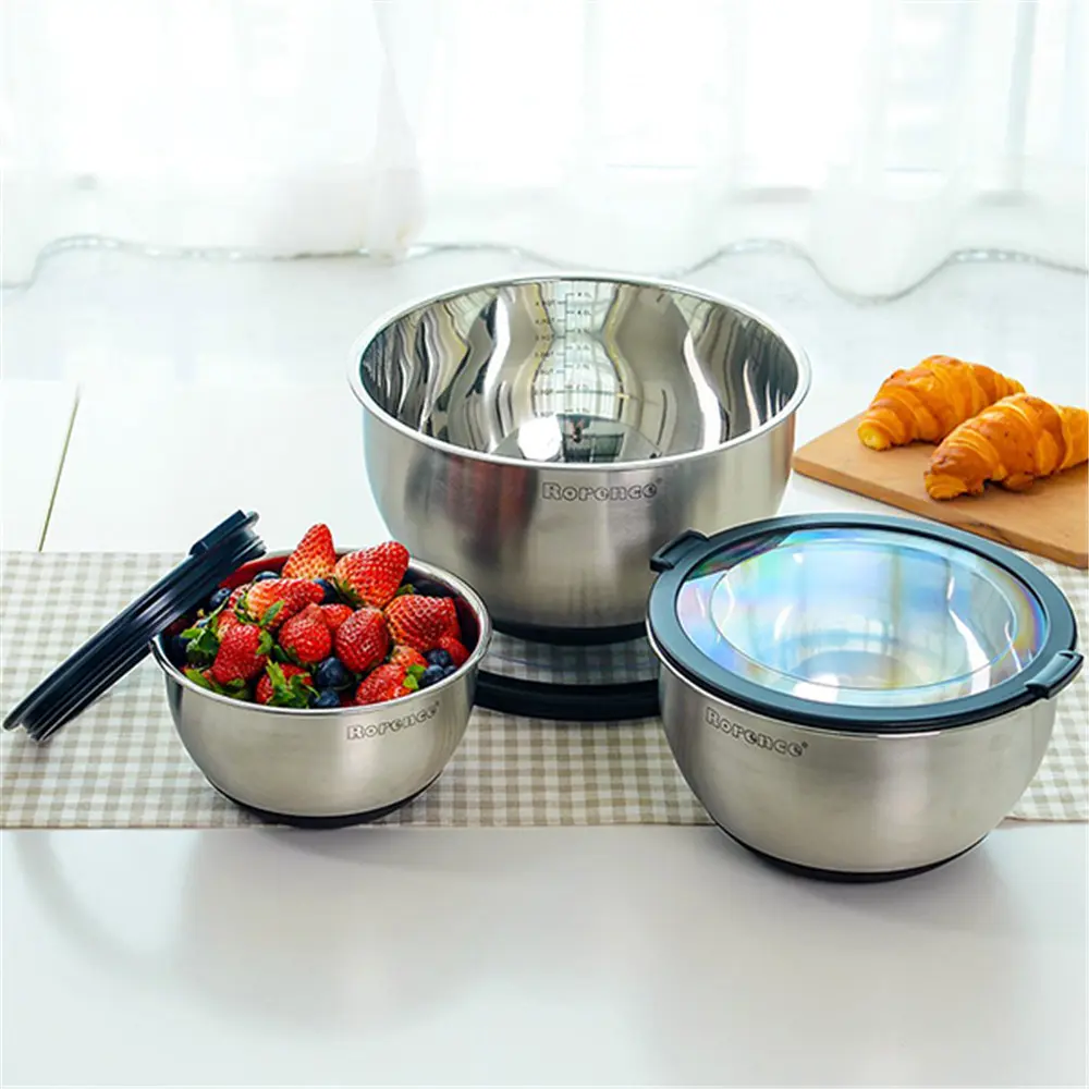 OEM Stainless Steel Mixing Bowl Set with Transparent Lids - 3-Piece Set with 1.5, 3, 5QT Suppliers, Product