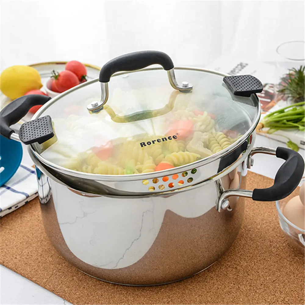 Wholesale Stainless Steel Stock Pot with Lid featuring Dual Side Pour Spouts, Capsule Bottom, and Glass Strainer Lid Manufacturer, Products