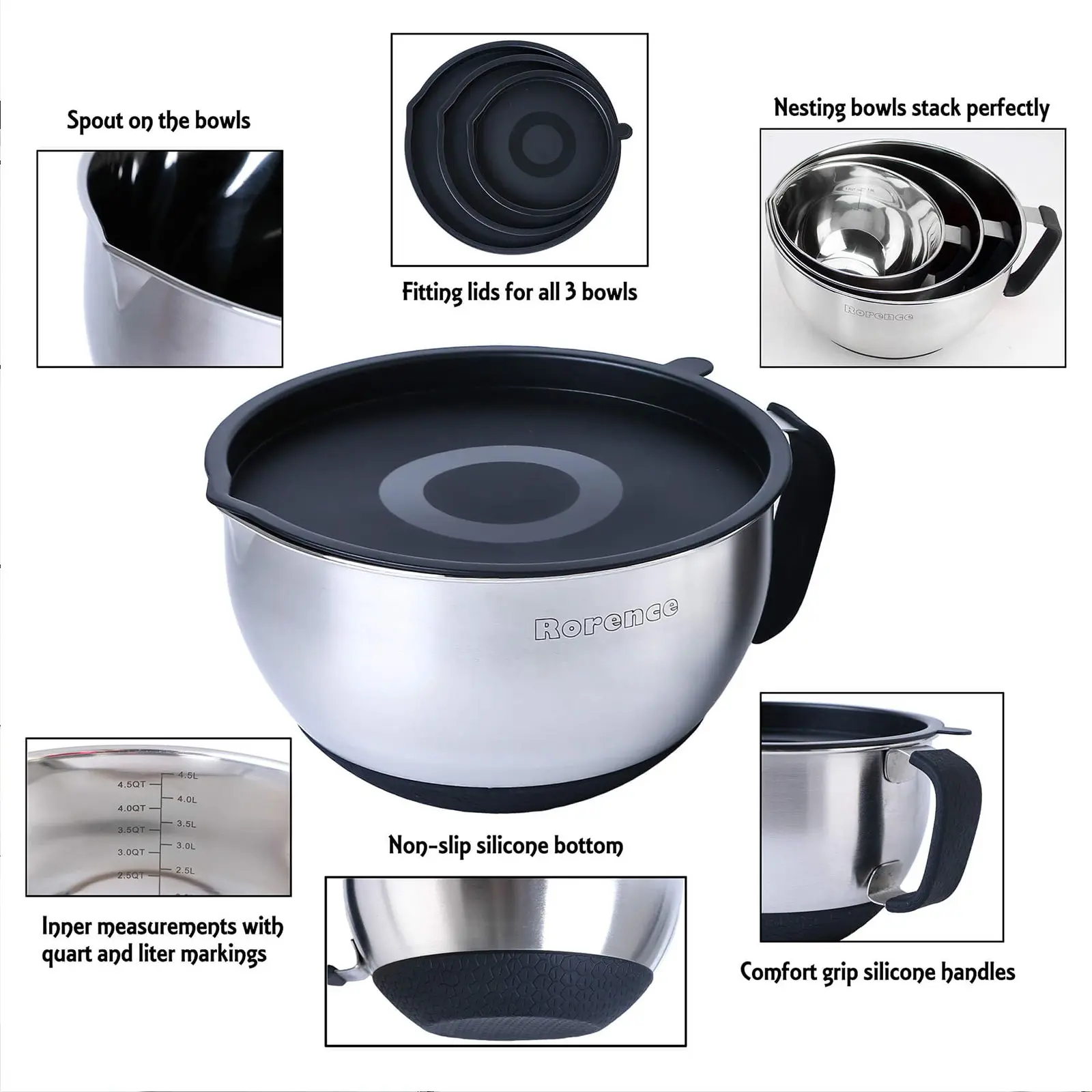 OEM Metal Mixing Bowl Set With Handle Airtight Lid for Kitchen Set of 8 - Black Manufacturers, Supplier