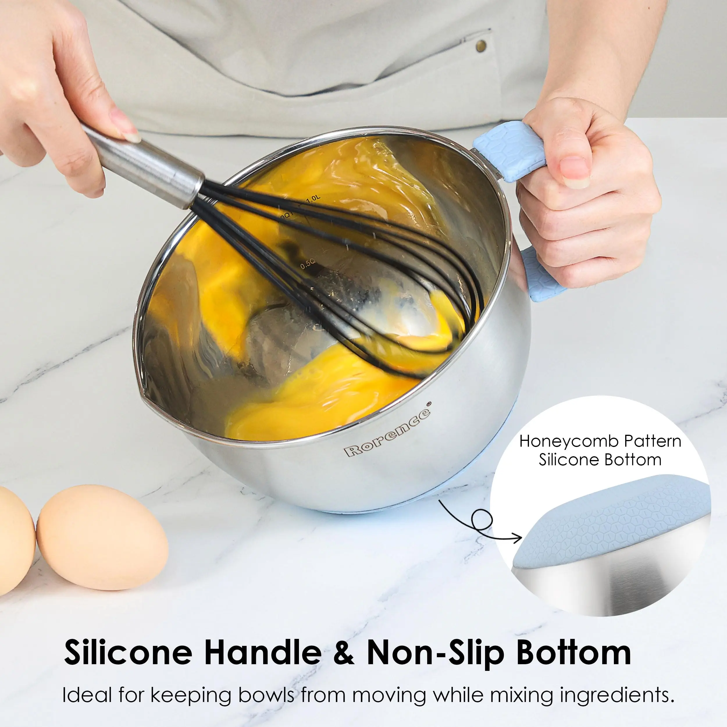 Wholesale Rorence Stainless Steel Mixing Bowls Set Non-Slip Silicone Bottom Set of 3 - Light Blue Supplier, Products