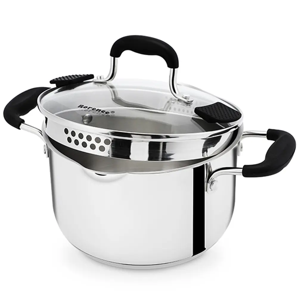 Wholesale Stainless Steel Stock Pot with Lid featuring Dual Side Pour Spouts, Capsule Bottom, and Glass Strainer Lid Manufacturer, Products