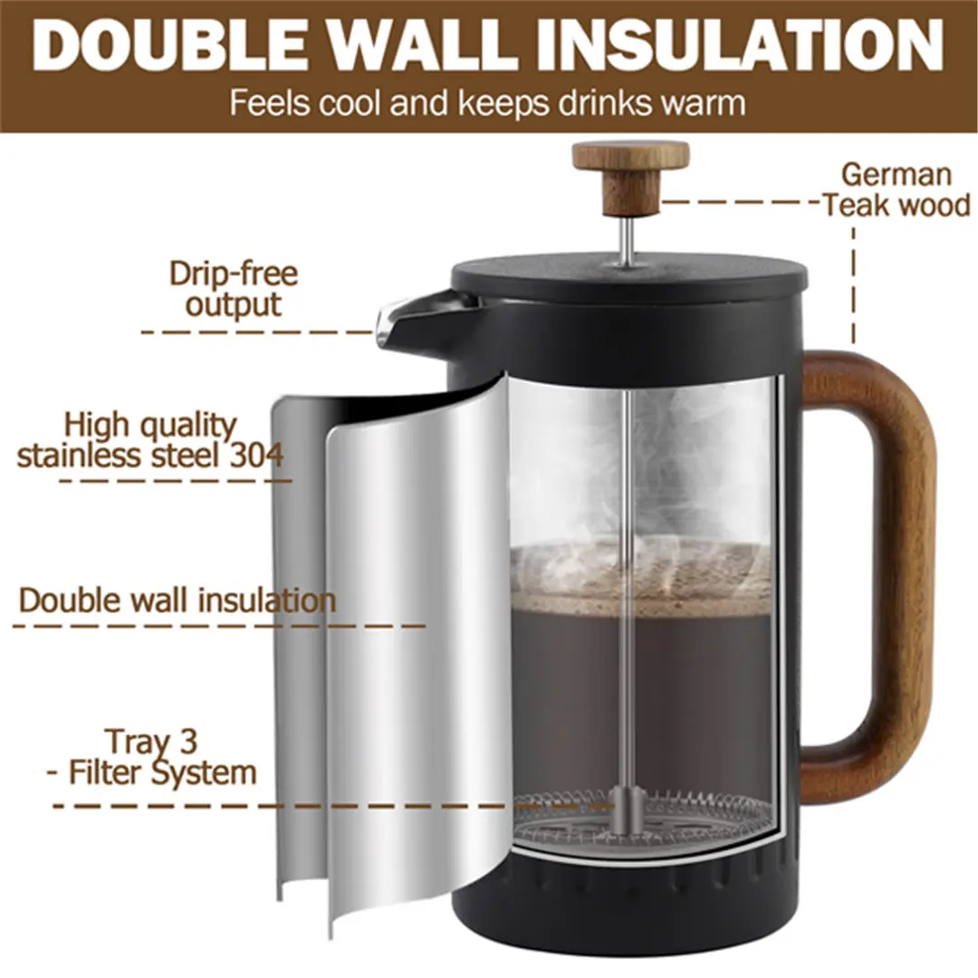 OEM French Press Coffee Maker with Real Wood Handle, Double Wall Insulation & Dual-Filter Screen Manufacturer, Products