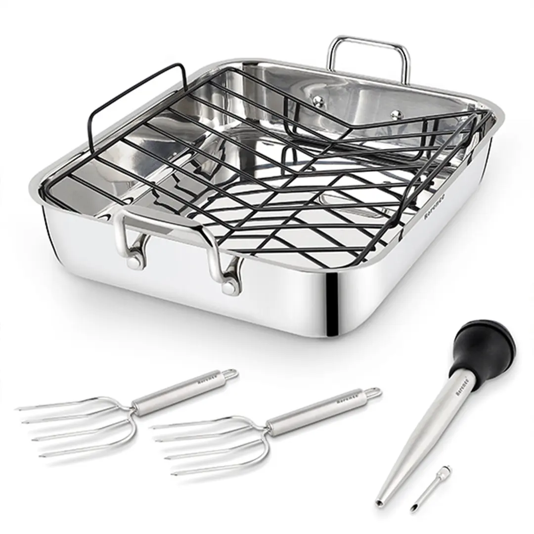 OEM Roasting Pan with Rack: 16-Inch Stainless Steel Rectangular Turkey Roaster pan with Nonstick V-Shaped Rack Manufacturer, Product