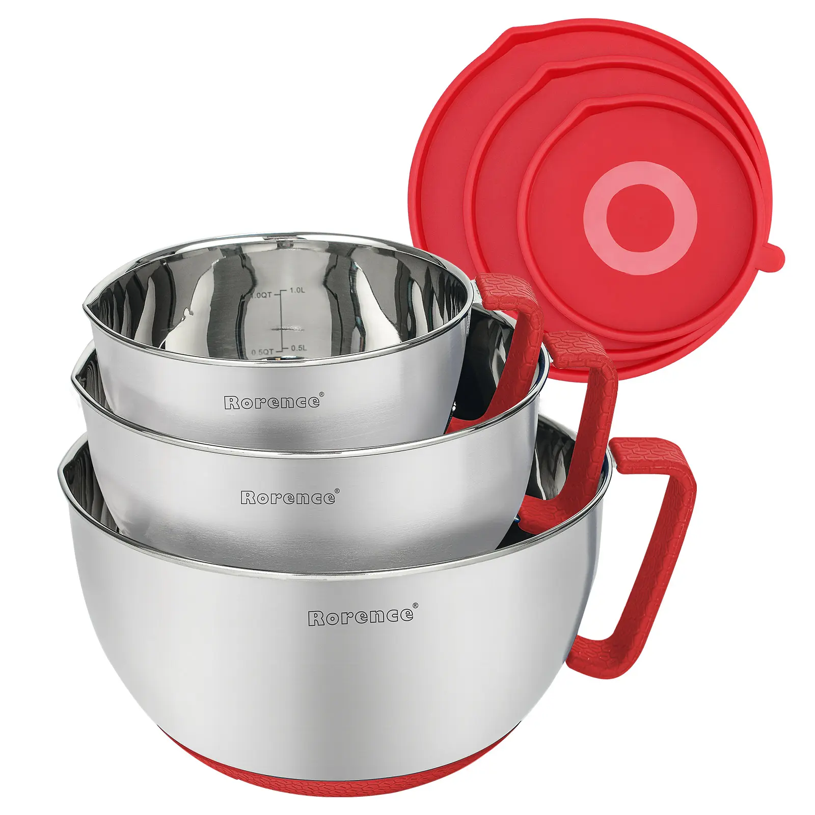 OEM Rorence Stainless Steel Mixing Bowls with Handle Pour Spout & Lids Supplier, Product