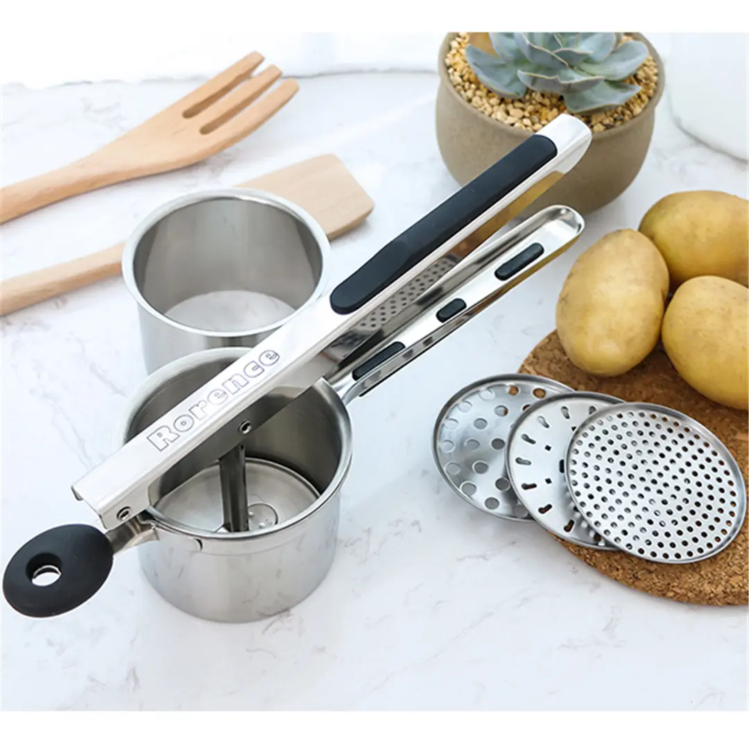 OEM Stainless Steel Potato Ricer with 3 Interchangeable Discs & Inner Cup & Silicone Grip Handles Suppliers, Product