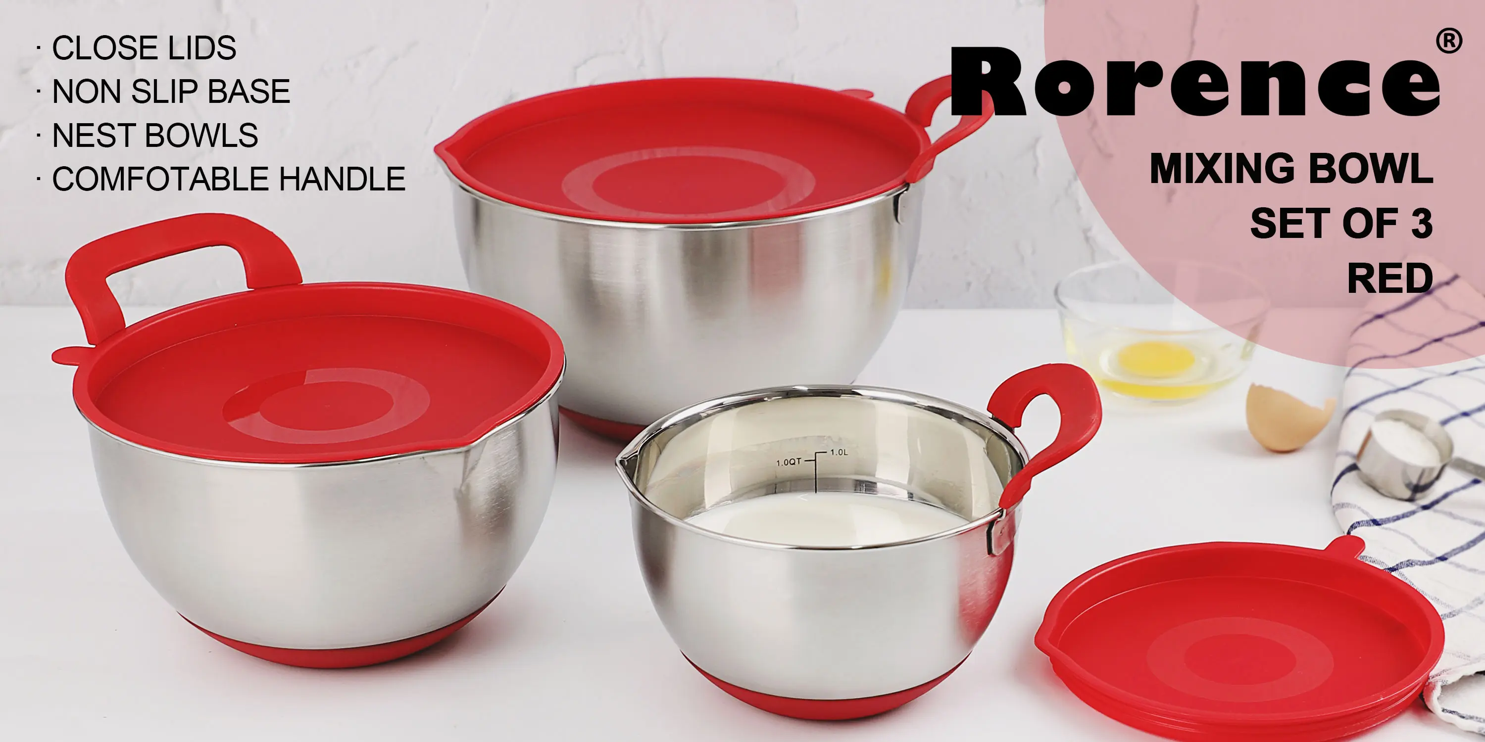 stainless steel mixing baking bowl with handle and pour spout