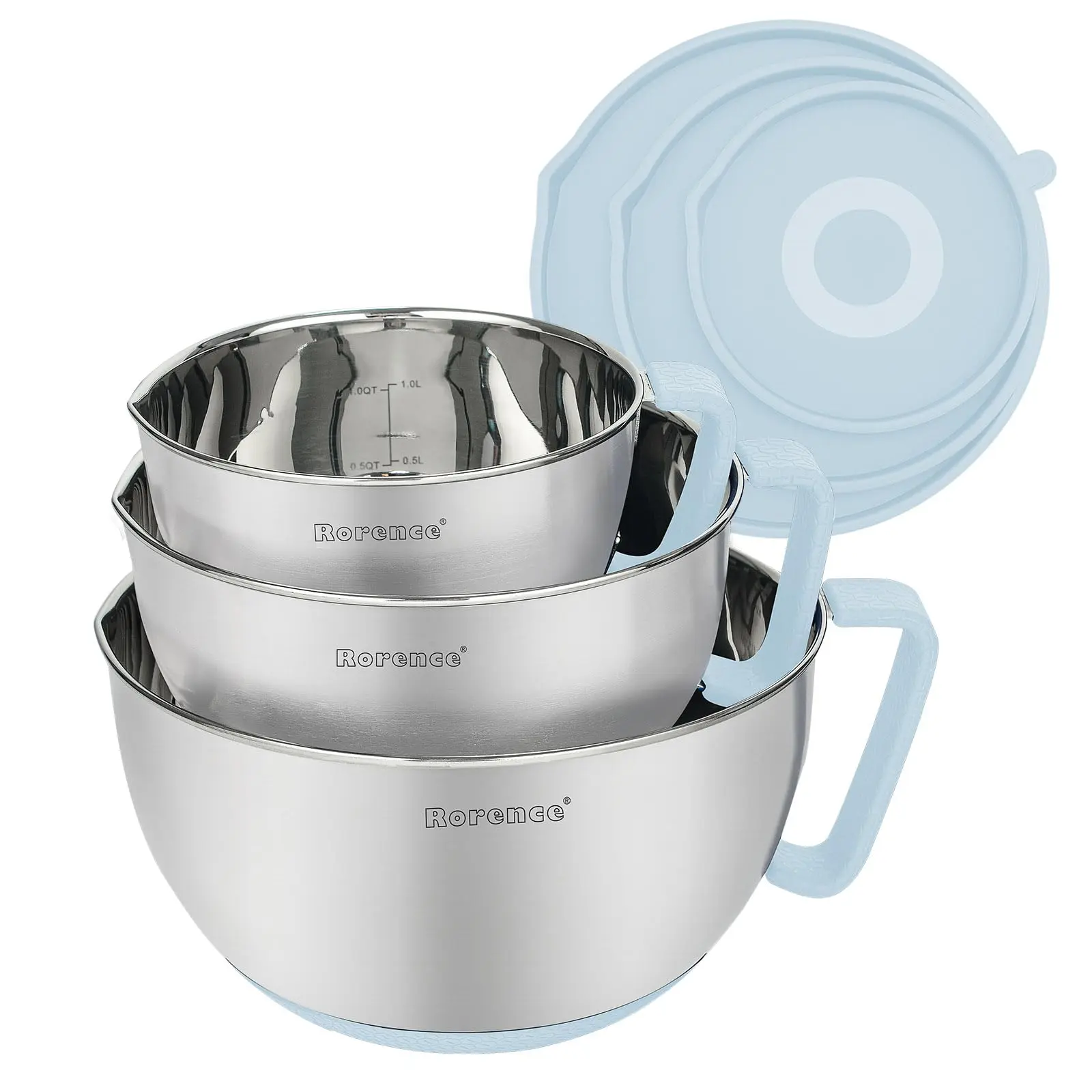 Wholesale Rorence Stainless Steel Mixing Bowls Set Non-Slip Silicone Bottom Set of 3 - Light Blue Supplier, Products