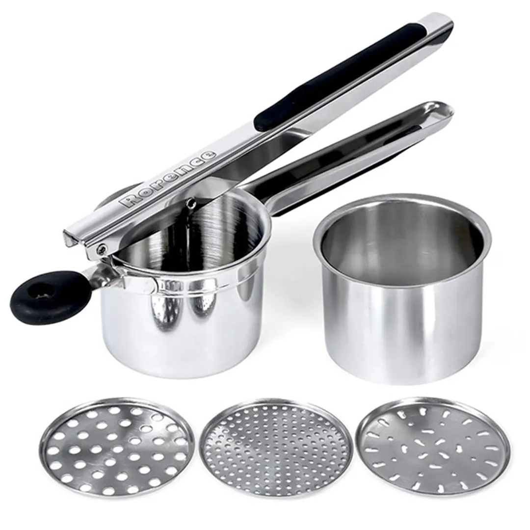 OEM Stainless Steel Potato Ricer with 3 Interchangeable Discs & Inner Cup & Silicone Grip Handles Suppliers, Product