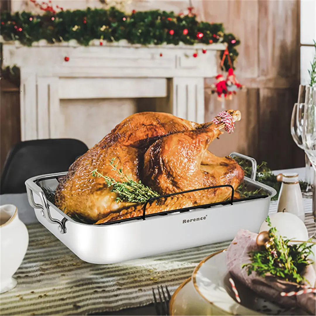 OEM Roasting Pan with Rack: 16-Inch Stainless Steel Rectangular Turkey Roaster pan with Nonstick V-Shaped Rack Manufacturer, Product