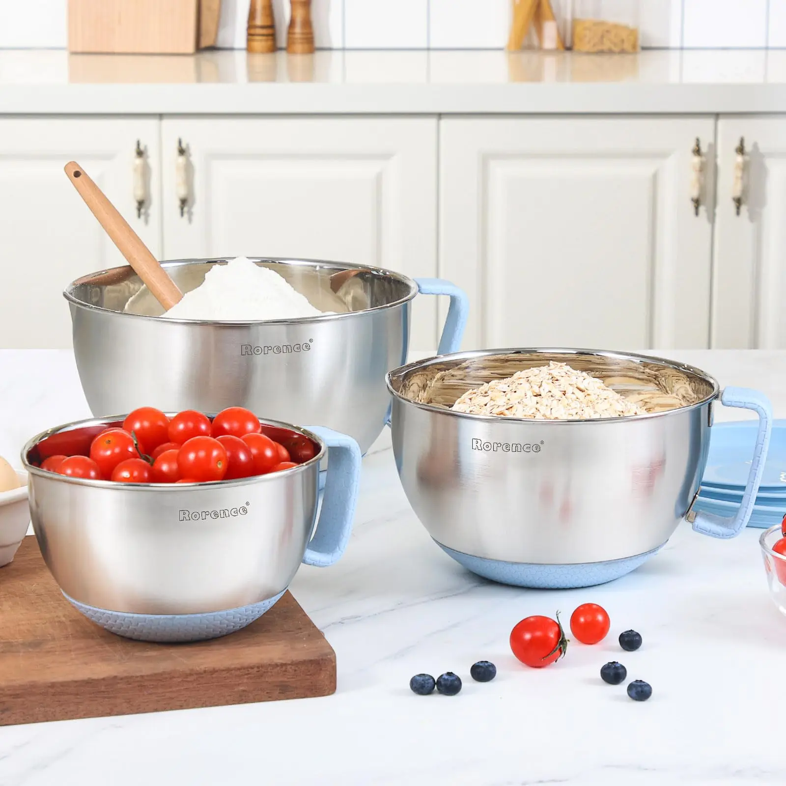 Wholesale Rorence Stainless Steel Mixing Bowls Set Non-Slip Silicone Bottom Set of 3 - Light Blue Supplier, Products