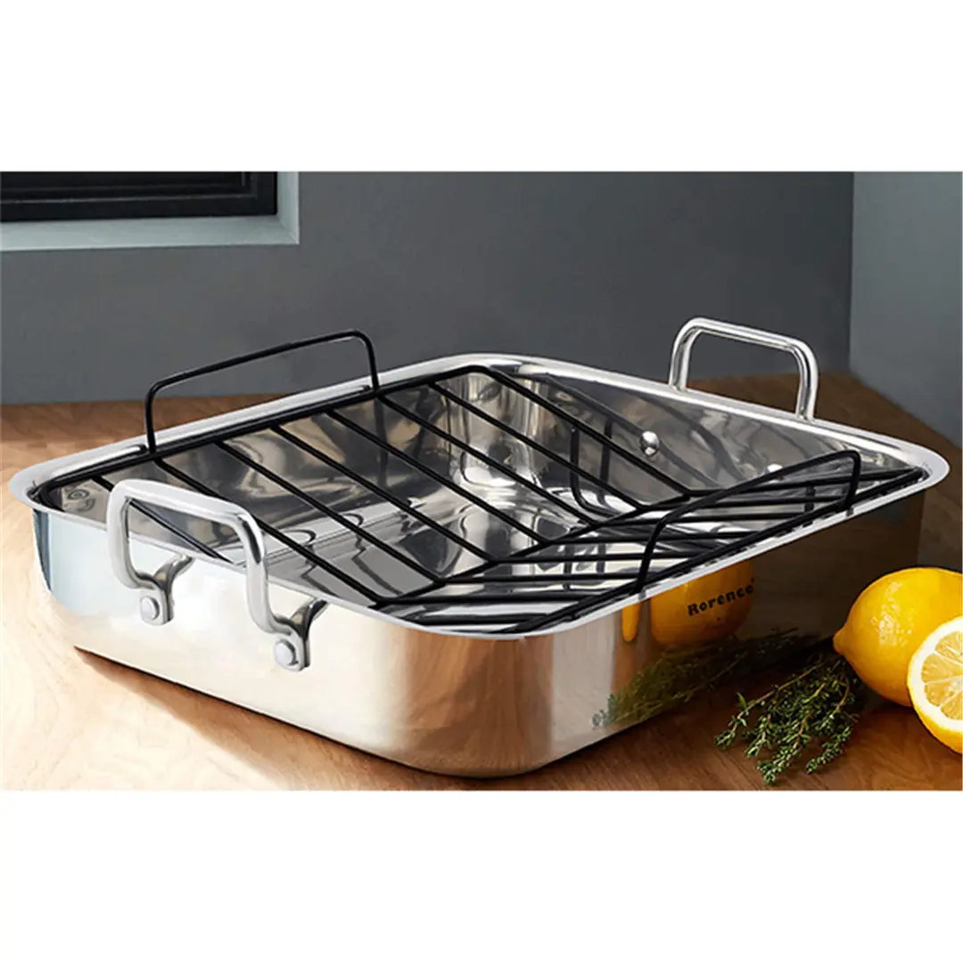 OEM Roasting Pan with Rack: 16-Inch Stainless Steel Rectangular Turkey Roaster pan with Nonstick V-Shaped Rack Manufacturer, Product