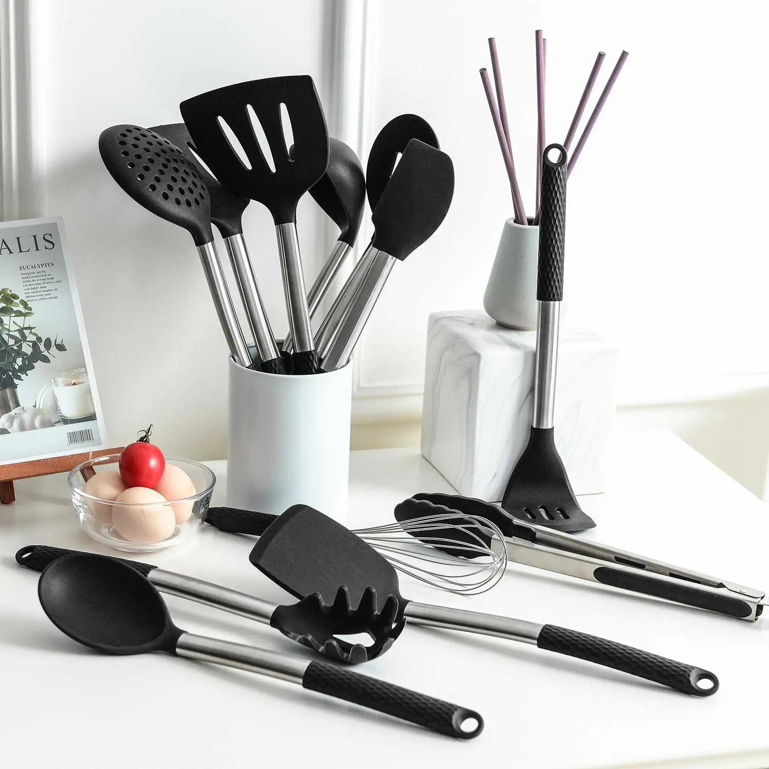 OEM Pack of 12 Large Silicone Stainless Steel Cooking Utensils Set, Non-stick Heat Resistant Suppliers, Products