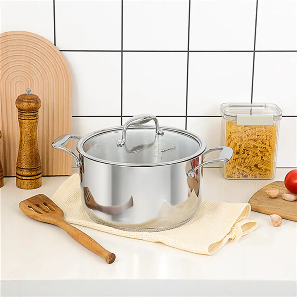 OEM Stainless Steel Stock Pot with Lid: 6 Quart Stockpot Pasta Pot with Two Side Spouts, capsule Bottom, Glass Lid Manufacturers, Supplier