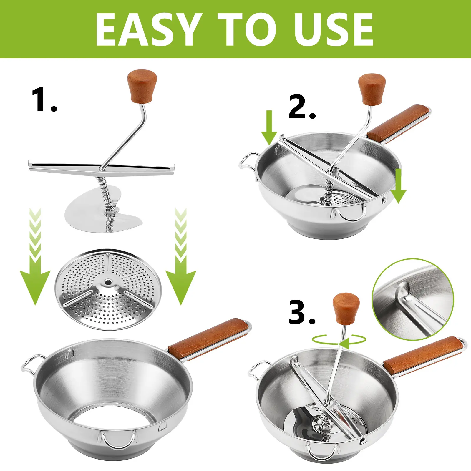 Wholesale Ergonomic Food Mill Stainless Steel With 3 Grinding Discs, Milling Handle & Bowl Supplier, Suppliers