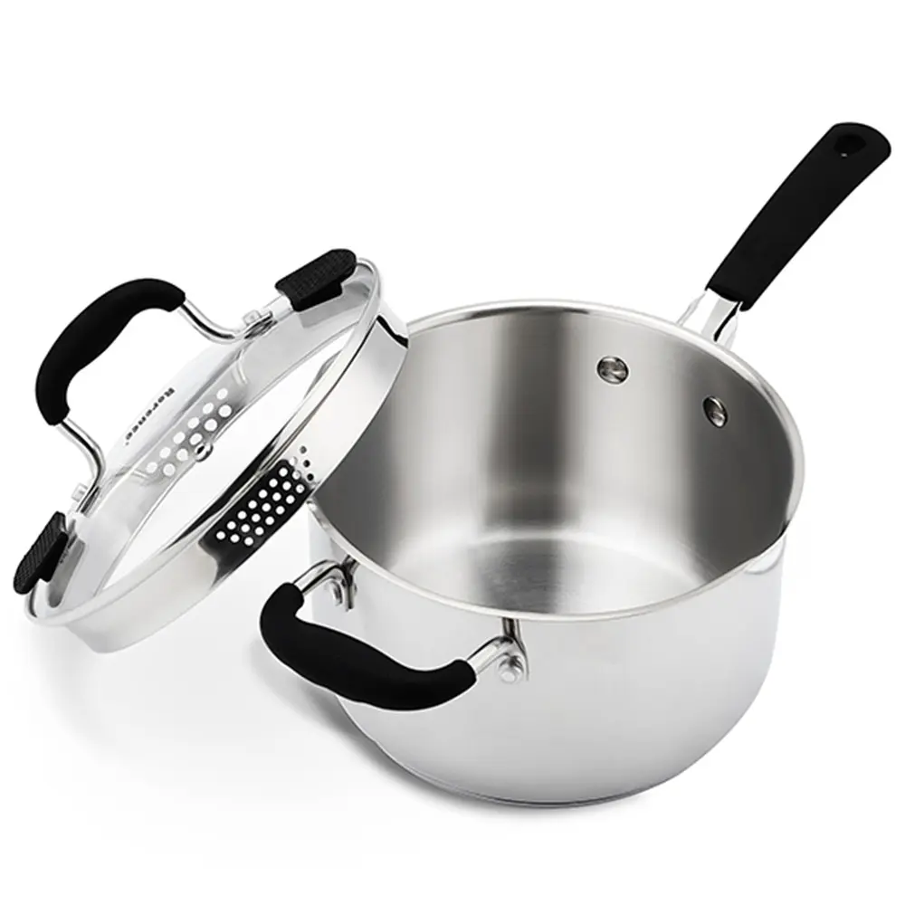 Wholesale Stainless Steel Saucepan with Lid featuring Dual Pour Spouts & Silicone-Encased Riveted Handles Manufacturer, Suppliers