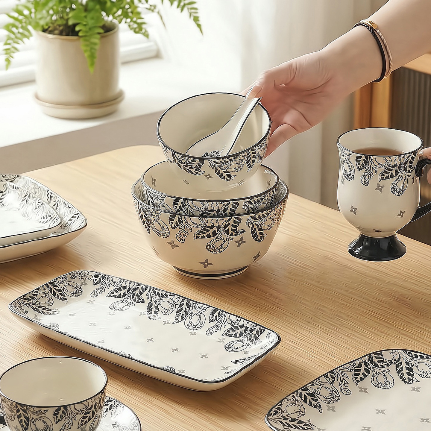Creative Plant Ethnic Style Ceramic Dinnerware Set Microwave Safe High Quality Bowl Plate Combination Vegetable Salad Bowls
