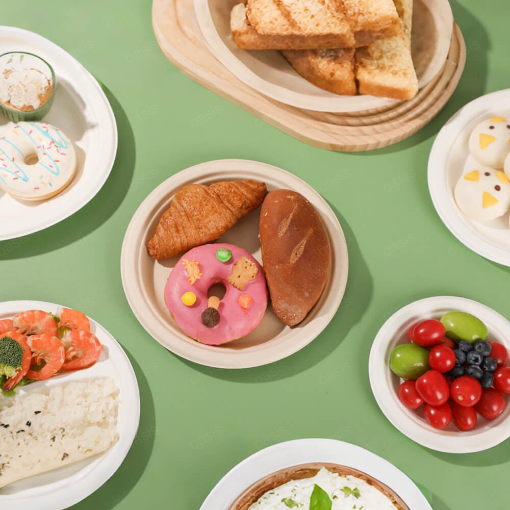 Oasis Customizable 6/7/9/10 Inch Disposable Sugarcane Plate Modern Bagasse Biodegradable Natural/White Compostable Plate
