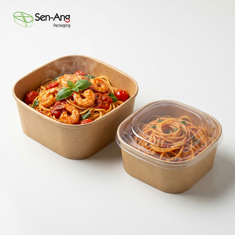 SenAng Compostable Square Kraft Paper Salad Bowl Plant-Based with Snap-On PET Lid Disposable Meal Kit Packaging for US Importer