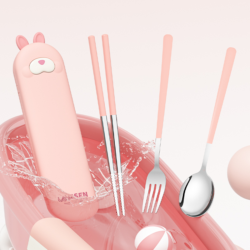 Custom Logo Back to School Children Camping Outdoor Reusable Eco-Friendly 304 Stainless Steel Cute Portable Cutlery Set Case