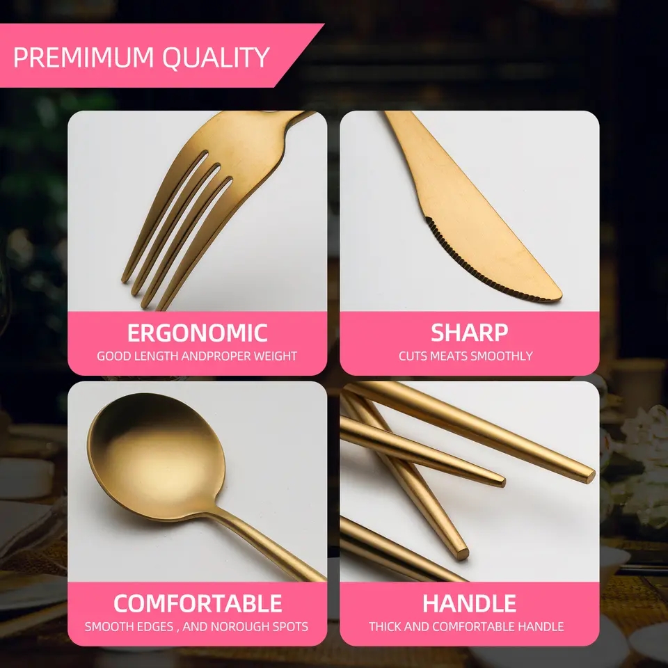 High Quality 4Pcs Portuguese Matte Polish Stainless Steel Flatware Set Gold Silverware For Wedding Events