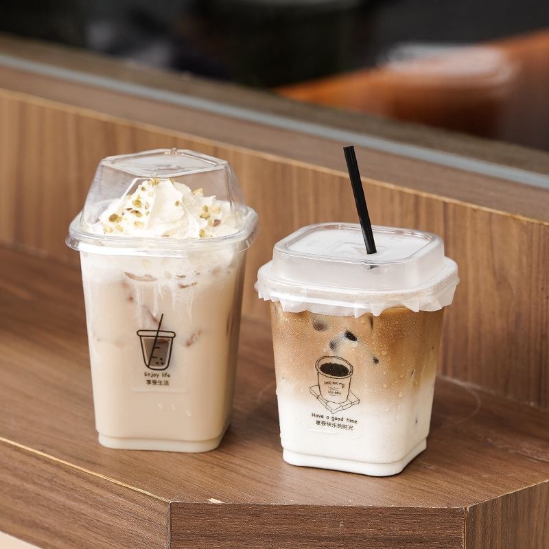 Modern Ins-style Disposable Square Cold Drink Coffee Latte American Lemon Tea Plastic Cup Thickened High-transparency PET