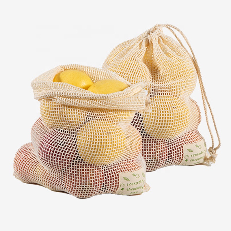 Logo Custom Printing Produce Cotton Mesh Bags with Drawstring Washable Reusable Mesh Net Recyclable Eco Friendly Biodegradable