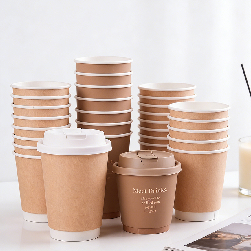 Custom Logo Biodegradable Double-Wall Disposable Coffee Cup Take-Away Lid Waterproof Single Shape Paper Cup for On-The-Go Use