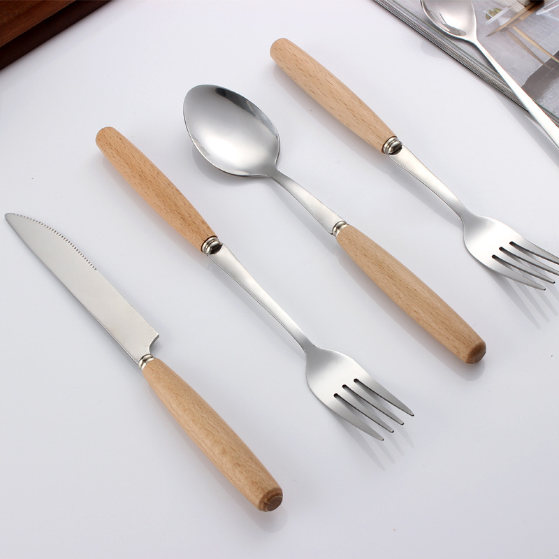 Eco-Friendly Eec Certified Reusable Stainless Steel Cutlery Set Mirror Polished Fork Knife Spoon Parties Casual Use Wooden