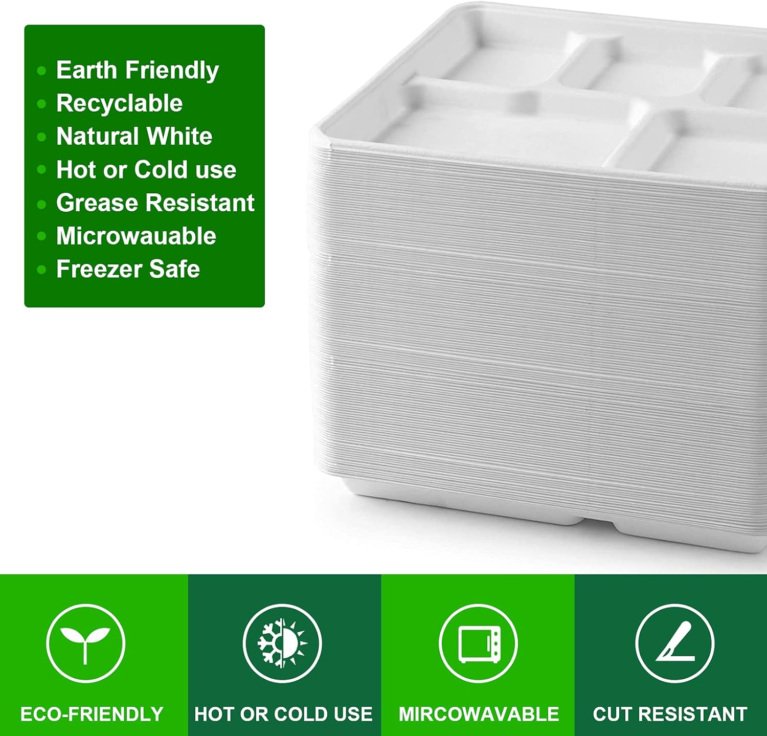 100% Natural Eco Friendly Disposable Biodegradable &amp; Compostable Sugarcane Bagasse Paper Pulp Takeout 5 Compartment Plate
