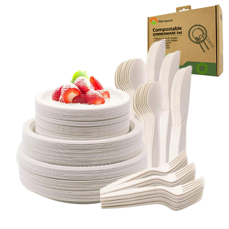 ECO-friendly ODM Biodegradable Sugarcane Bagasse Plate Cutlery Food Container Bagasse Disposable Tableware Suit