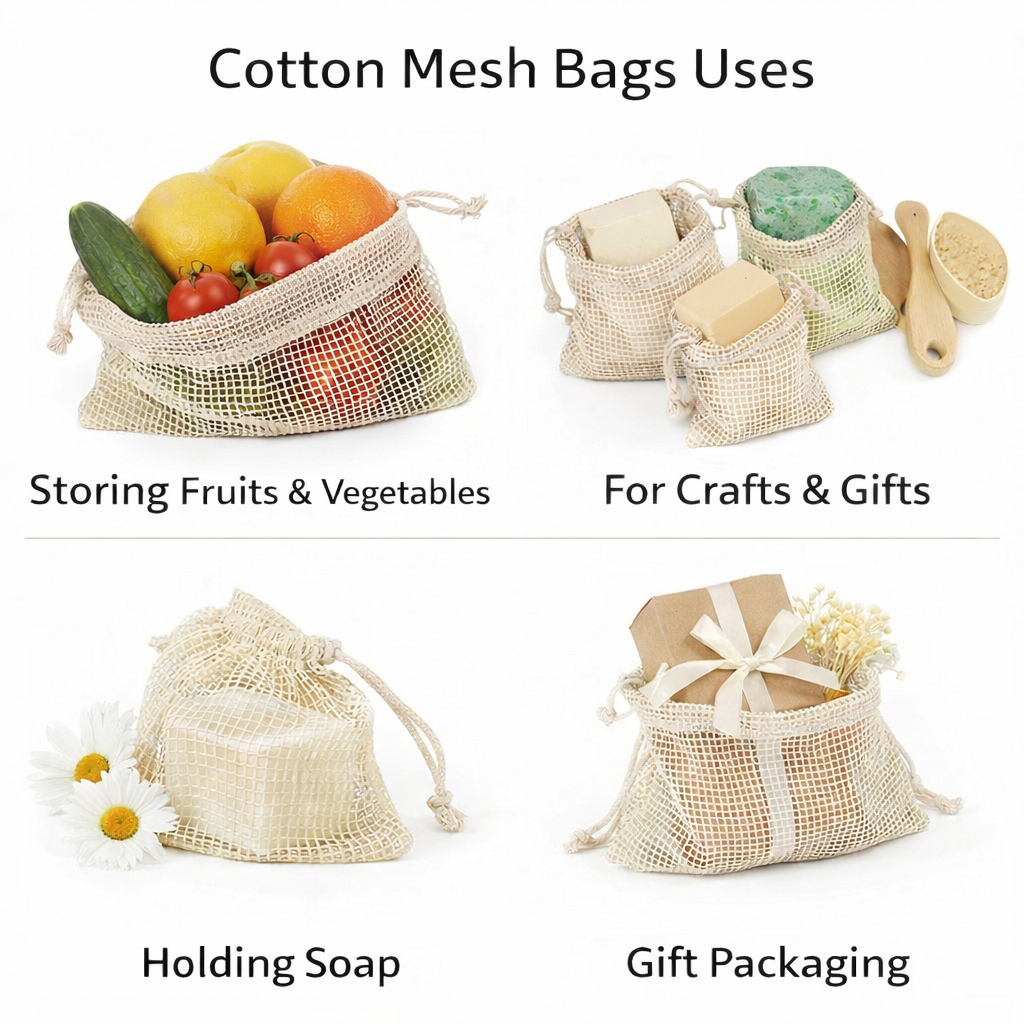 Custom Logo Reusable Recyclable Organic Cotton Mesh Bag Drawstring Packaging Favors for Soap Fruit Vegetable