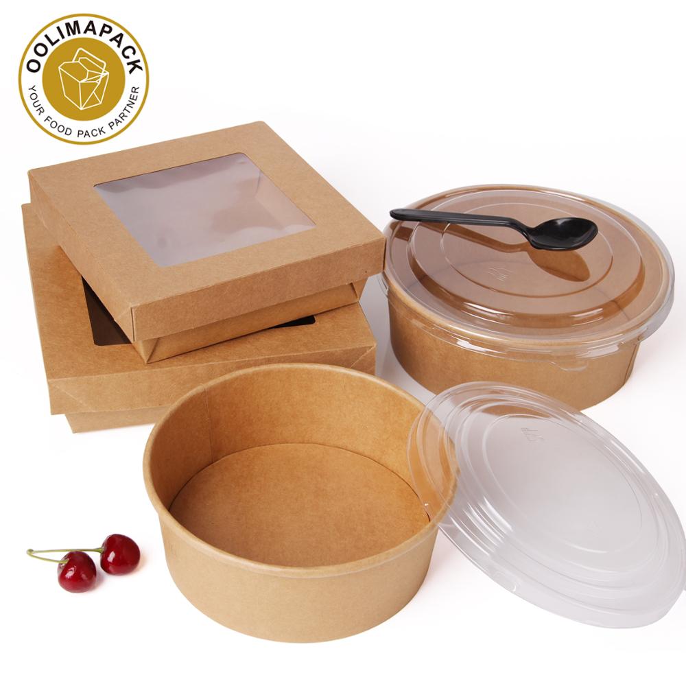 Disposable Take Away Kraft Paper Salad Bowl With PET Lid,kraft Salad Bowl