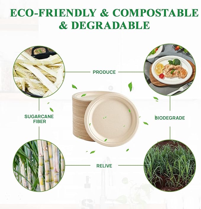 100% Compostable Eco-Friendly 125pcs Disposable 9 Inch Sugarcane Bagasse Plates Natural Unbleached Biodegradable Plate Per Bag