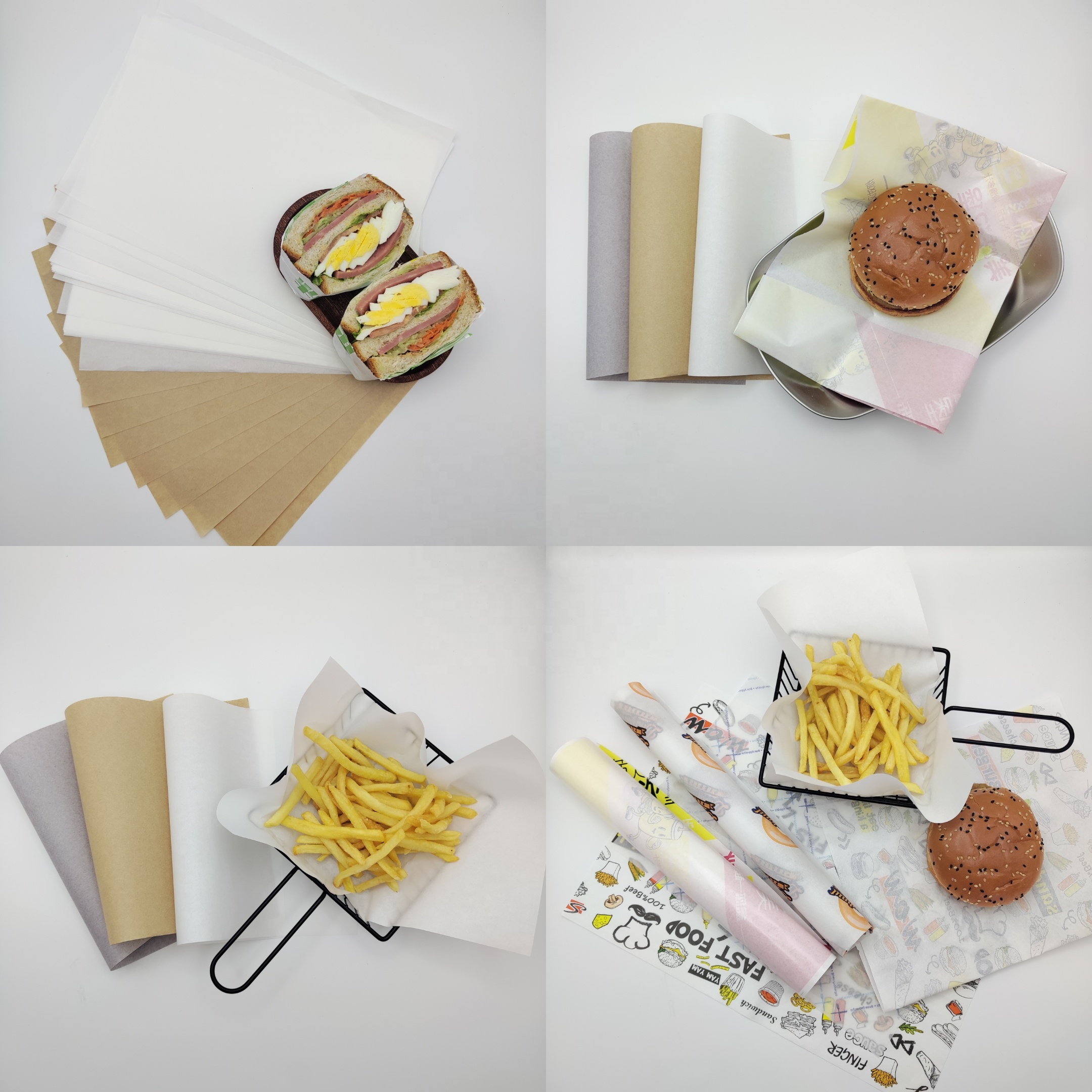Food Grade White Color 40gsm Greaseproof Paper Roll for Fast Food Wrapping logo Printed Wax Paper Oil-proof Food Paper