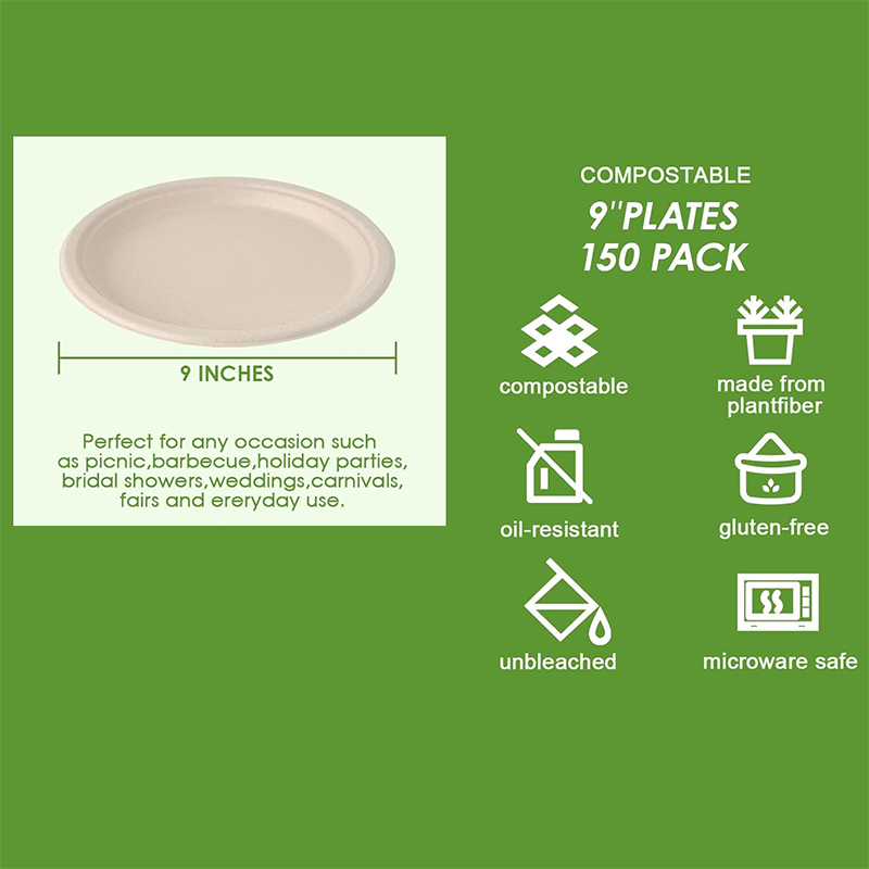 Bagasse Natural Biodegradable Eco-Friendly Sugarcane Paper Plates 9 Inch 100% Compostable Heavy-Duty Disposable Paper Plates