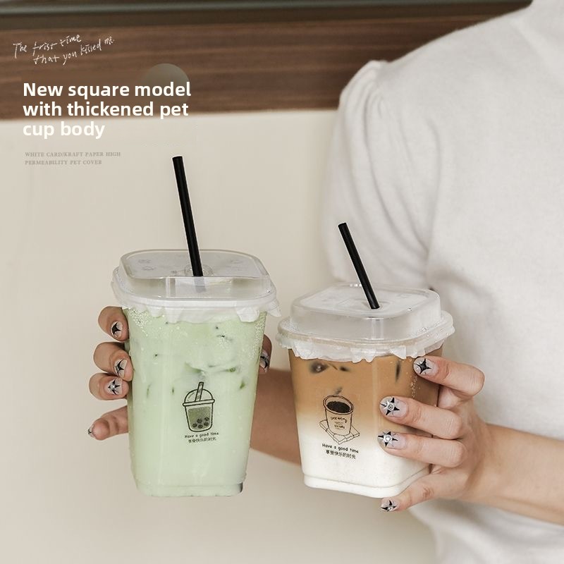 Modern Ins-style Disposable Square Cold Drink Coffee Latte American Lemon Tea Plastic Cup Thickened High-transparency PET