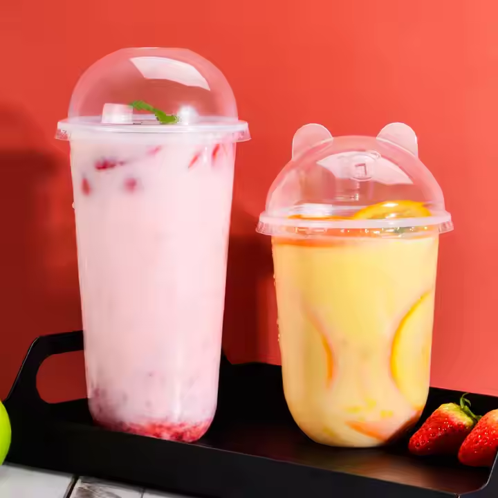 Customized Disposable PET Plastic Cups Clear U-Shaped Lid For Takeaway Cold Drinks Ice Coffee Lemon Juice Bubble Tea Vodka Milk
