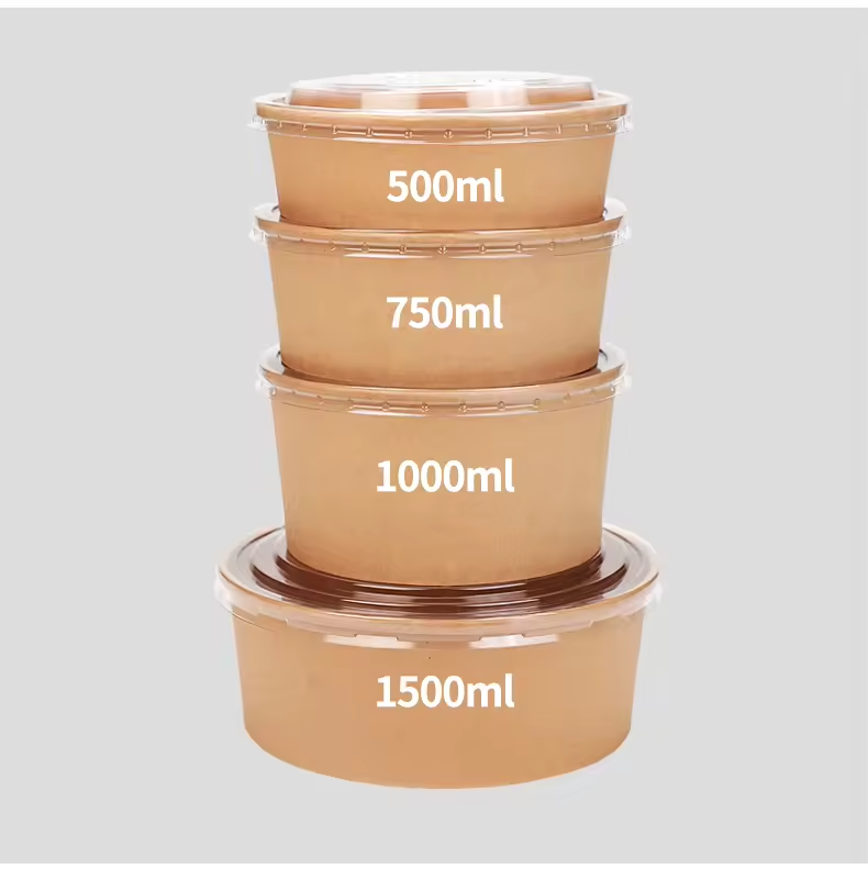 Custom Print Eco-Friendly Disposable Kraft Paper Lunch Bowls 24oz Lid Biodegradable Compostable Microwave Safe For Soup Salad