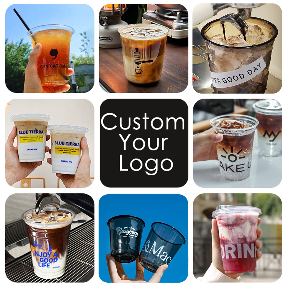 Food Grade Biodegradable Customized Drink Coffee PLA Plastic Cup Reusable Round Stickers Milk Tea Plastic Cup With Straw and Lid