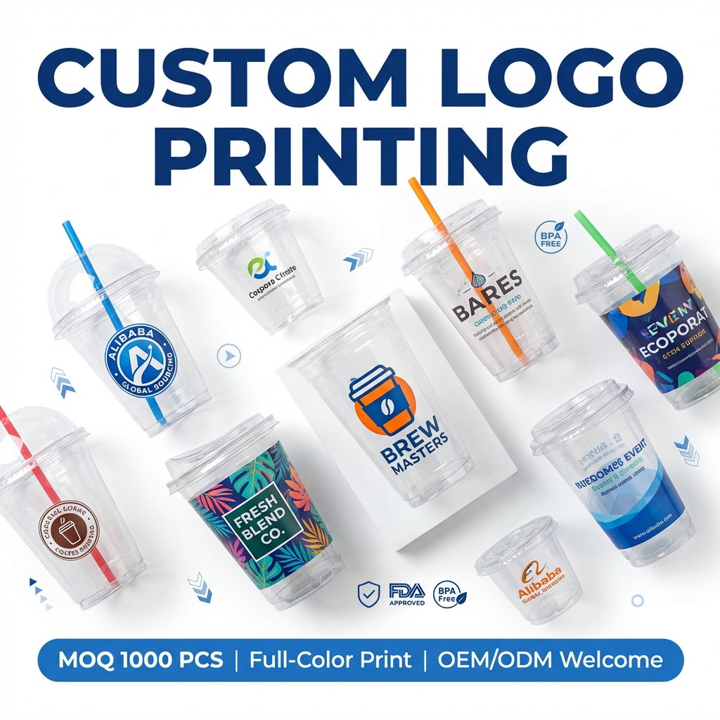 10-20oz Custom Logo U-Shaped Cups Disposable Plastic Cold Drink Coffee Juice Cups with Lids and Straws BPA Free FDA Certificated