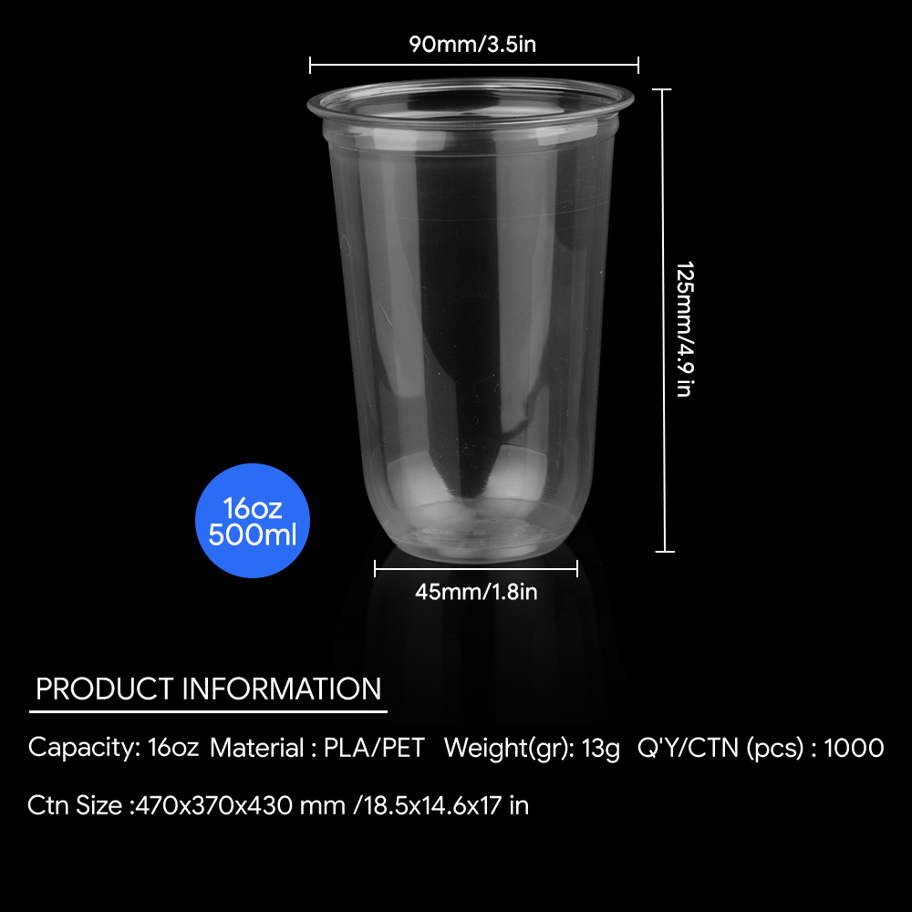 Custom Printed Logo Transparent Plastic Cups With Lids Single Wall PLA-90U Caliber 12/16/24 Oz Cold Cups Diameter 90mm