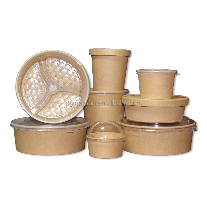 Disposable Round Paper Soup Bowl Rectangle Paper Food Container 750ML Biodegradable Take Away Kraft Paper Salad Bowl