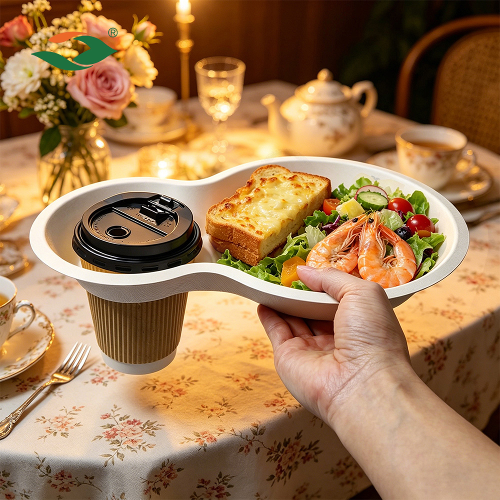 Heavy-Duty Compostable 2 Compartments Food Coffee Drink Tray Bagasse Cup Holder Tray Sugarcane Brunch Tray with Cup Holder