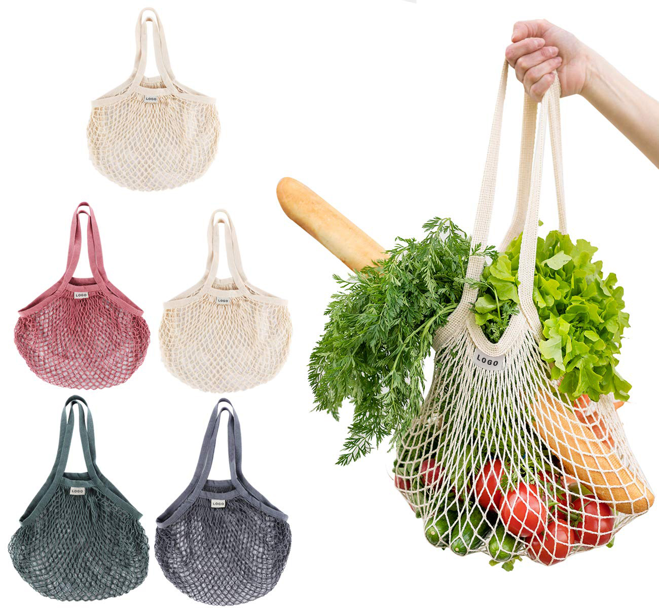 Best Selling Biodegradable Organic Cotton Mesh Shopping Bag Pure Cotton Vegetable Fruit Storage Mesh Bag with Custom Logo