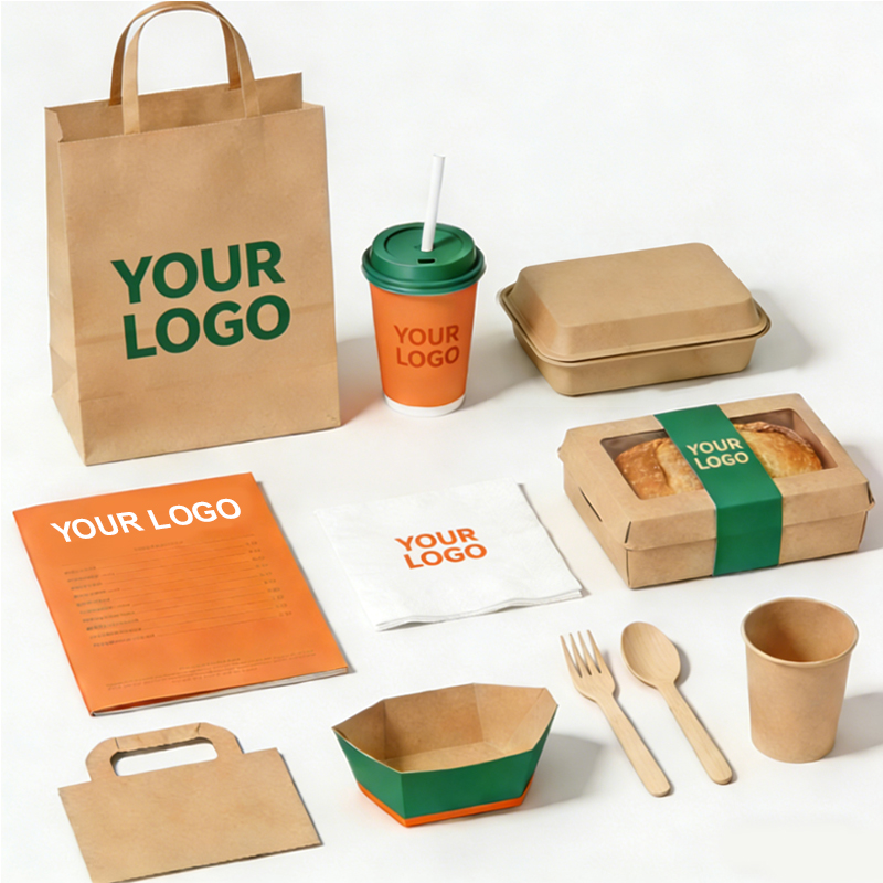 Custom Logo Disposable Takeout Packaging Box Set Personalized Design Coffee Cups and Paper Bags