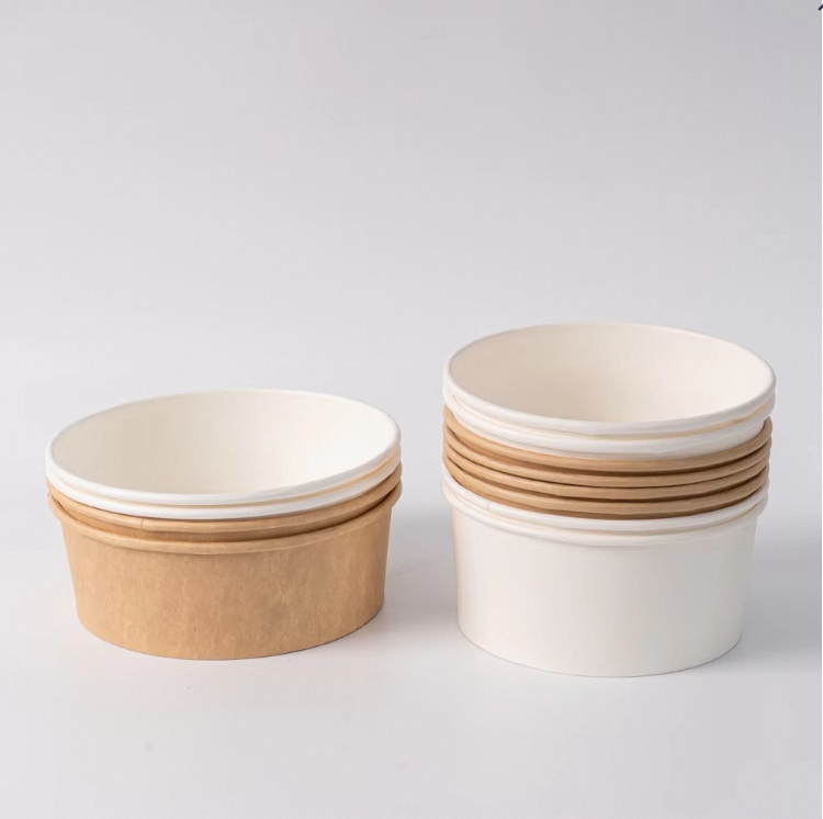 Disposable Single Wall Biodegradable Kraft Paper White Soup Bowl &amp; Lid With Recycled Materials For Takeout Food Packaging