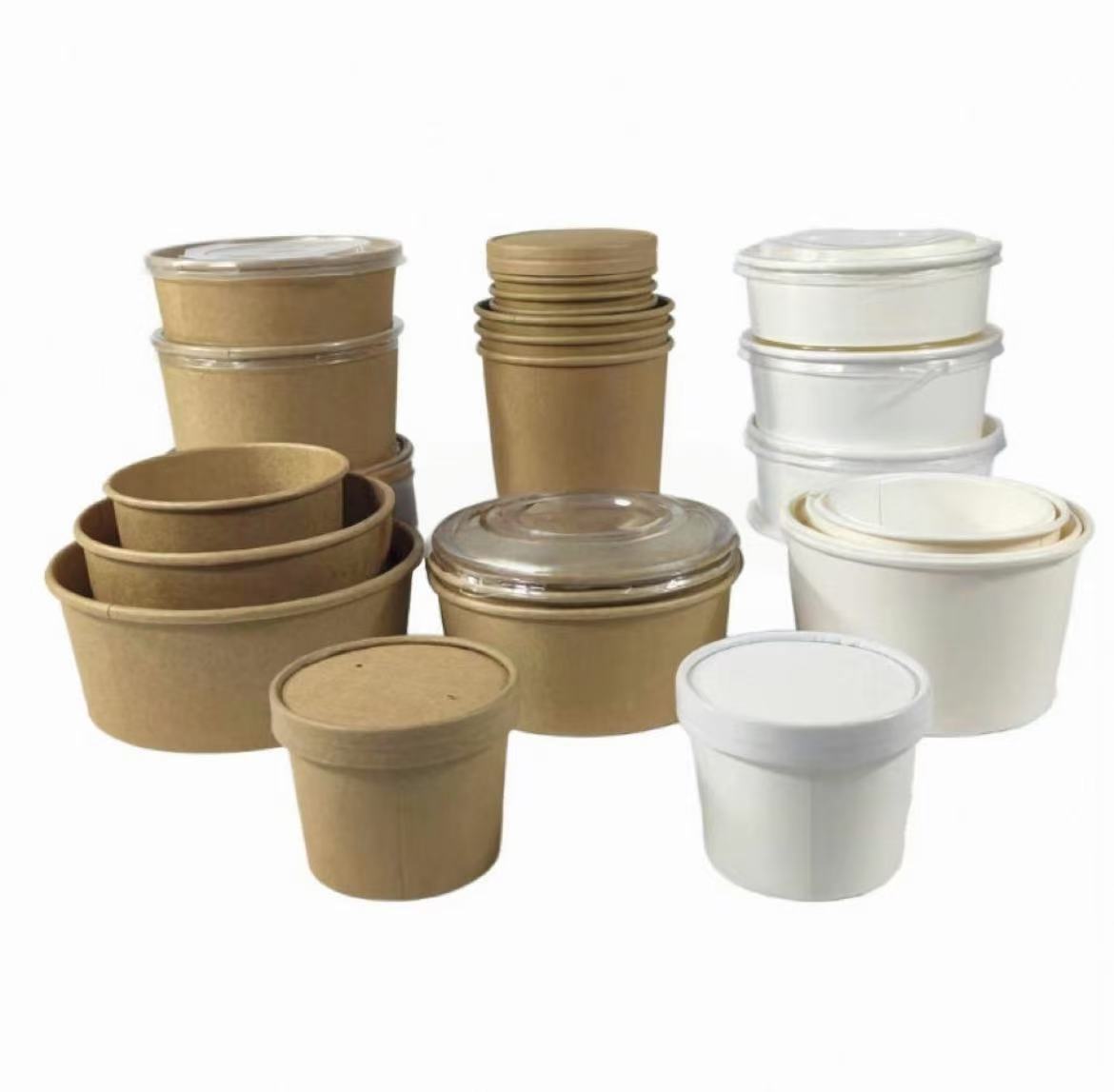 Disposable Single Wall Biodegradable Kraft Paper White Soup Bowl &amp; Lid With Recycled Materials For Takeout Food Packaging